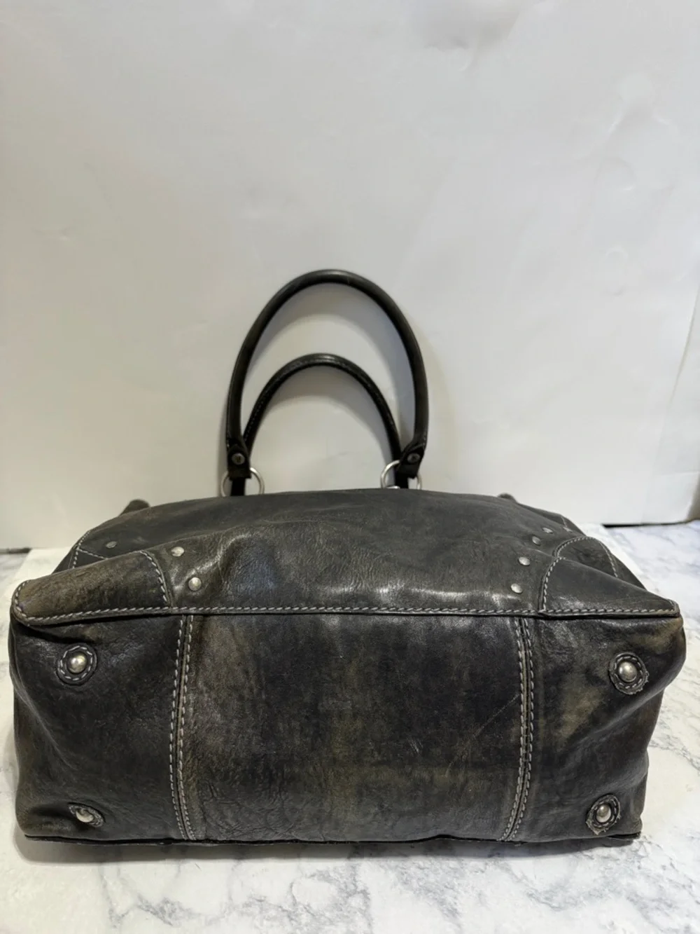 Frye Melissa rustic distressed black leather silver studded moto large tote bag - Picture 6 of 13